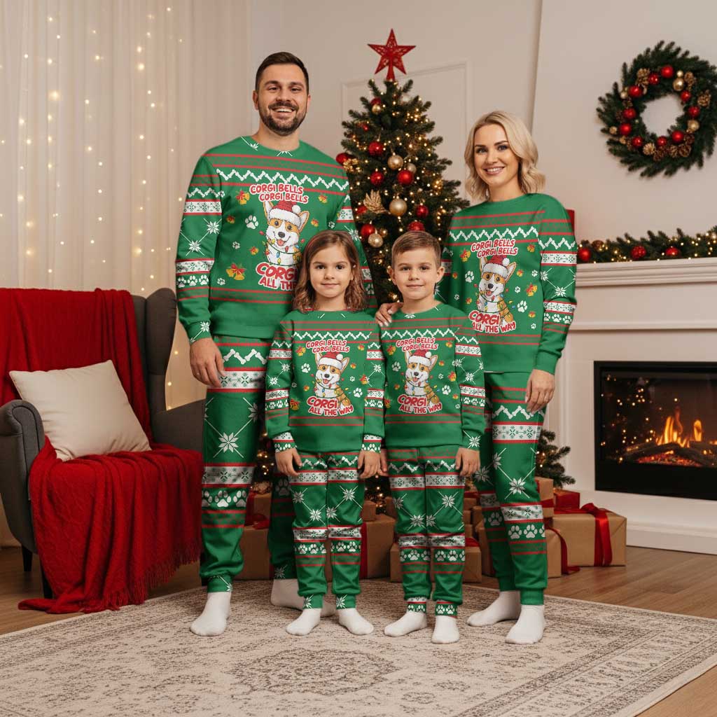 Corgi Dog Lights Corgi Bells Corgi All the Way Christmas Pajama Set wirh Green Snowflake Pattern Design - Wonder Print Shop