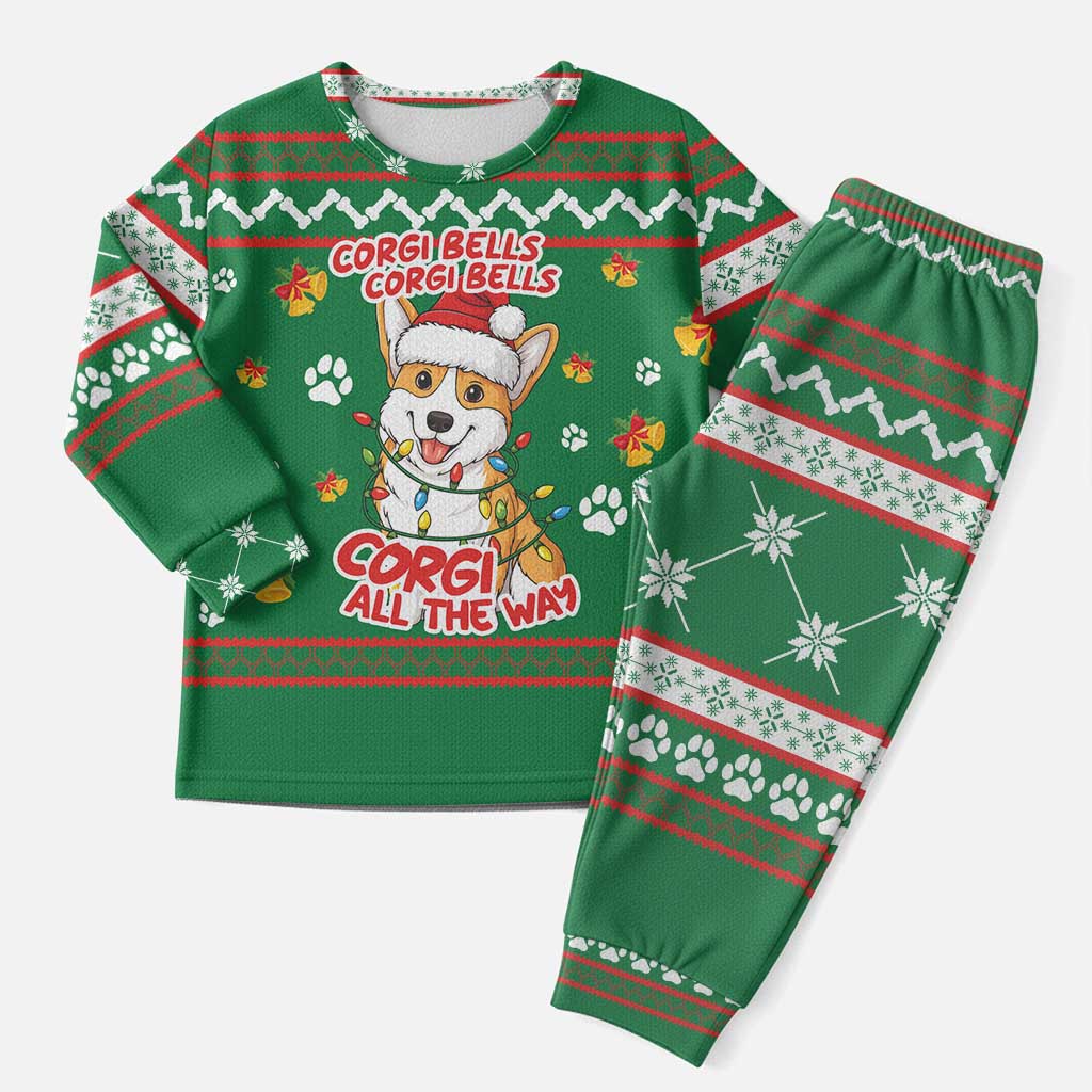 Corgi Dog Lights Corgi Bells Corgi All the Way Christmas Pajama Set wirh Green Snowflake Pattern Design - Wonder Print Shop