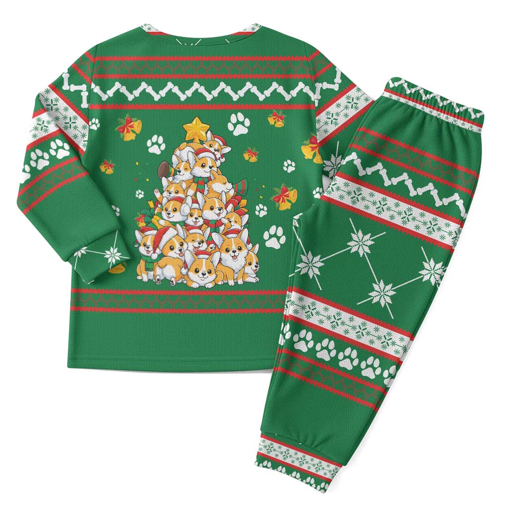 Corgi Dog Lights Corgi Bells Corgi All the Way Christmas Pajama Set wirh Green Snowflake Pattern Design - Wonder Print Shop