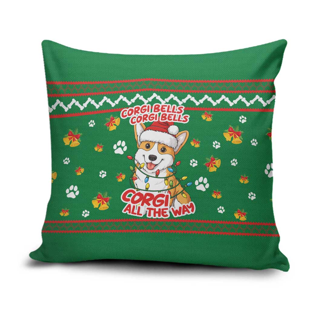 Corgi Dog Lights Corgi Bells Corgi All the Way Pillow Cover wirh Green Snowflake Pattern Design - Wonder Print Shop