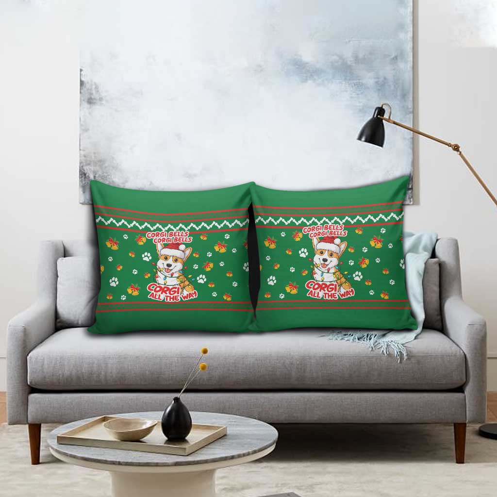 Corgi Dog Lights Corgi Bells Corgi All the Way Pillow Cover wirh Green Snowflake Pattern Design - Wonder Print Shop