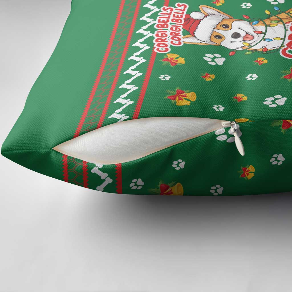 Corgi Dog Lights Corgi Bells Corgi All the Way Pillow Cover wirh Green Snowflake Pattern Design - Wonder Print Shop