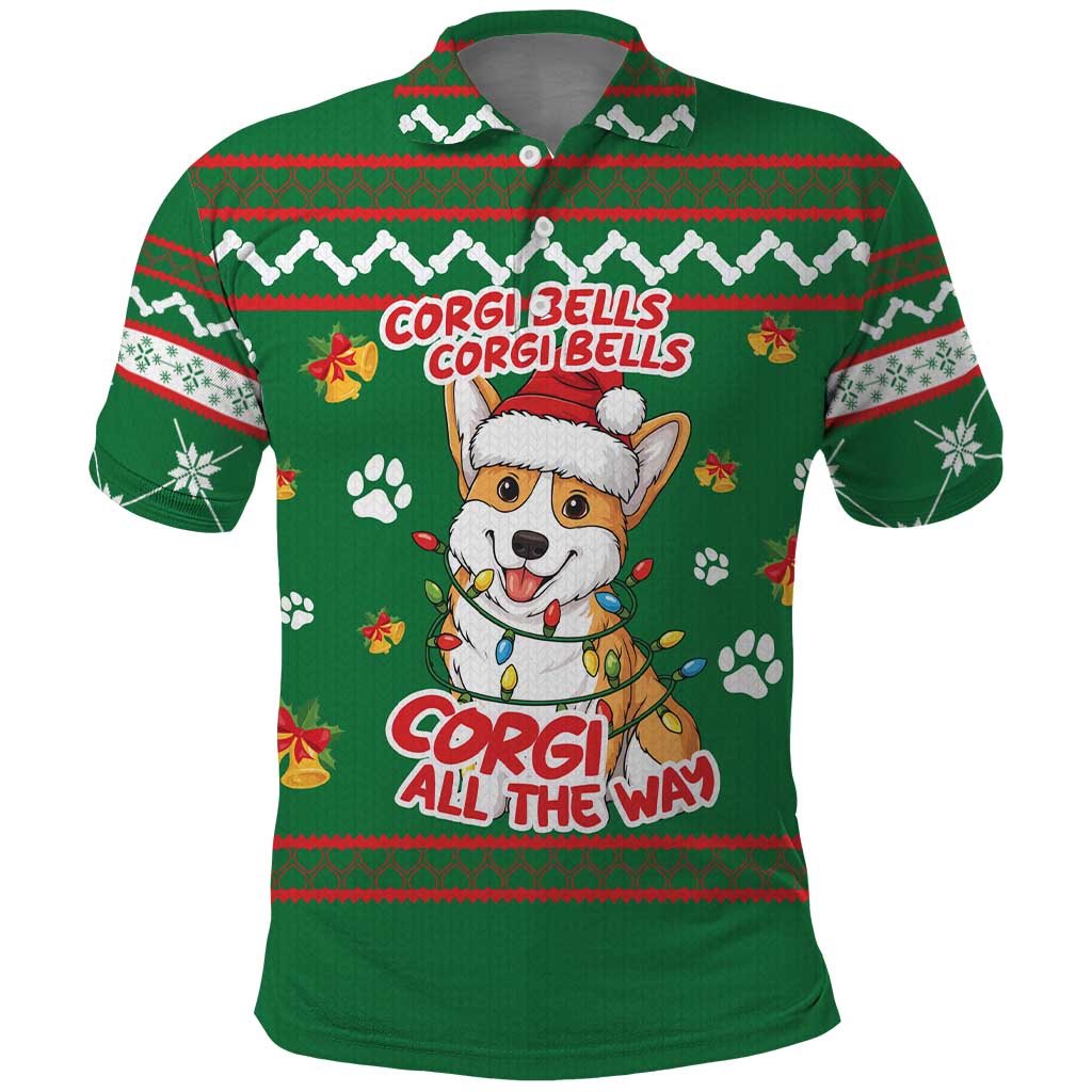 Corgi Dog Lights Corgi Bells Corgi All the Way Polo Shirt wirh Green Snowflake Pattern Design - Wonder Print Shop