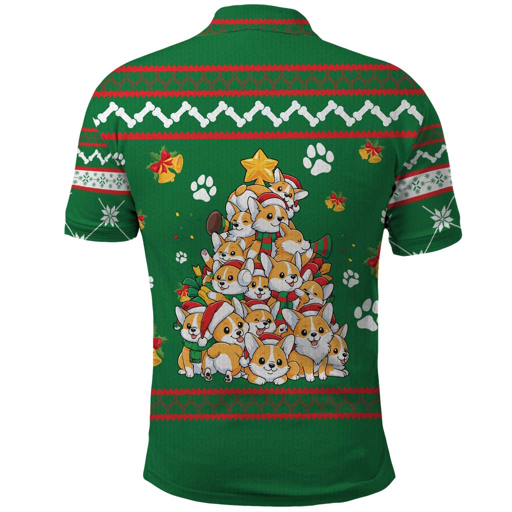 Corgi Dog Lights Corgi Bells Corgi All the Way Polo Shirt wirh Green Snowflake Pattern Design - Wonder Print Shop