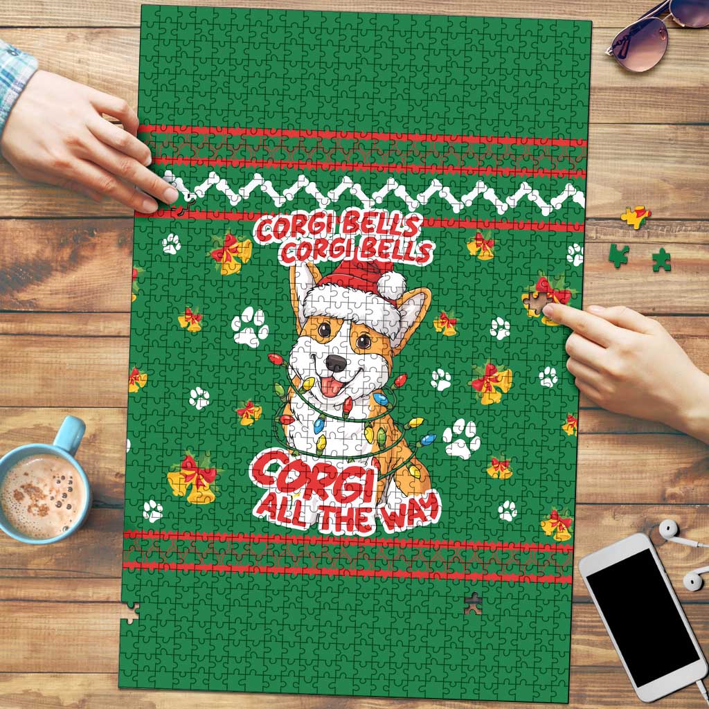 Corgi Dog Lights Corgi Bells Corgi All the Way Puzzle wirh Green Snowflake Pattern Design - Wonder Print Shop