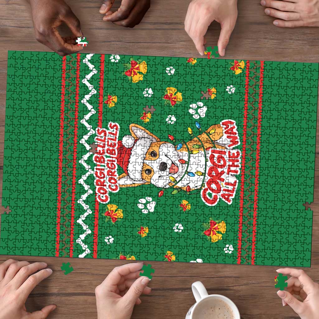 Corgi Dog Lights Corgi Bells Corgi All the Way Puzzle wirh Green Snowflake Pattern Design - Wonder Print Shop