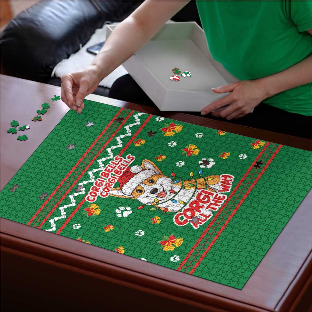 Corgi Dog Lights Corgi Bells Corgi All the Way Puzzle wirh Green Snowflake Pattern Design - Wonder Print Shop