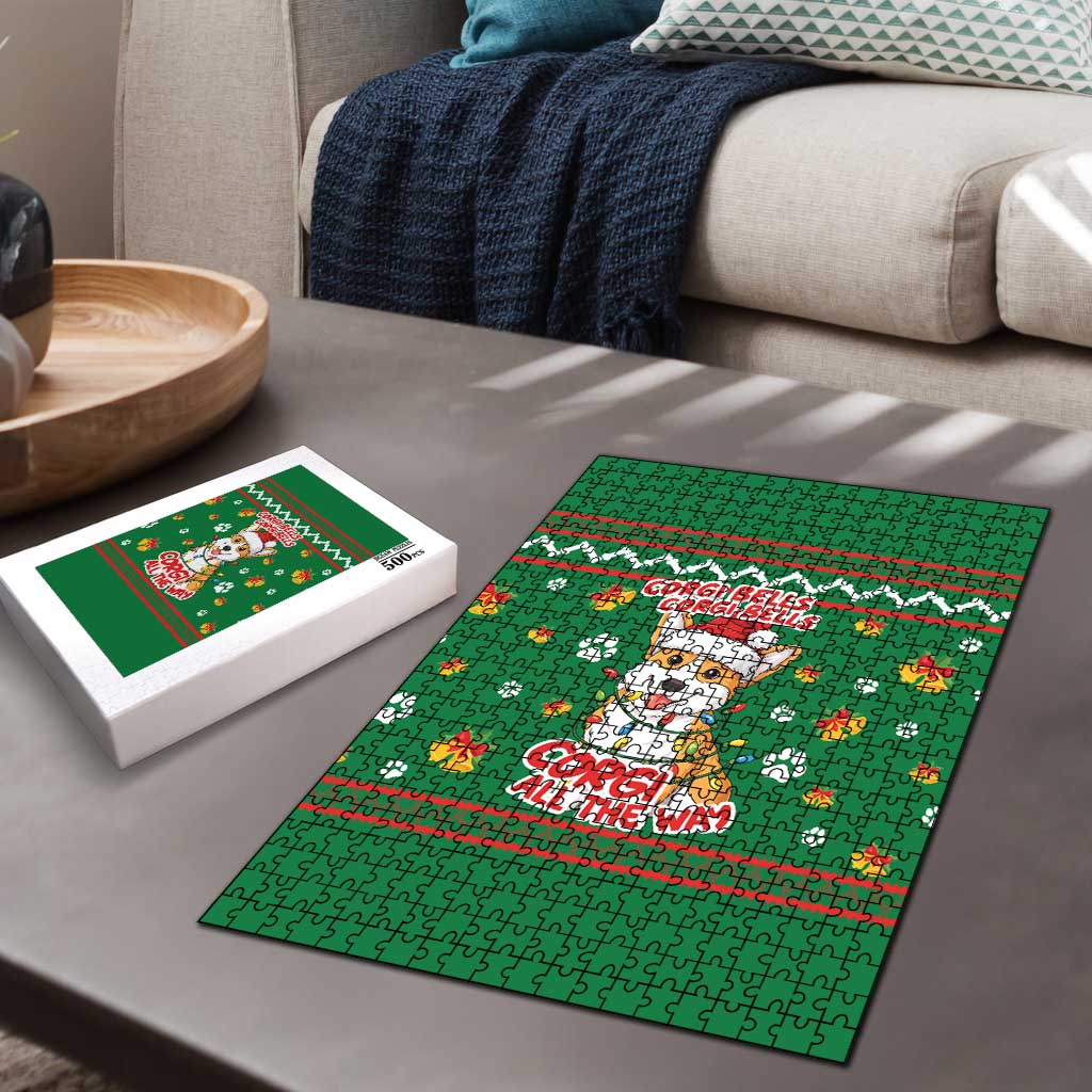 Corgi Dog Lights Corgi Bells Corgi All the Way Puzzle wirh Green Snowflake Pattern Design - Wonder Print Shop