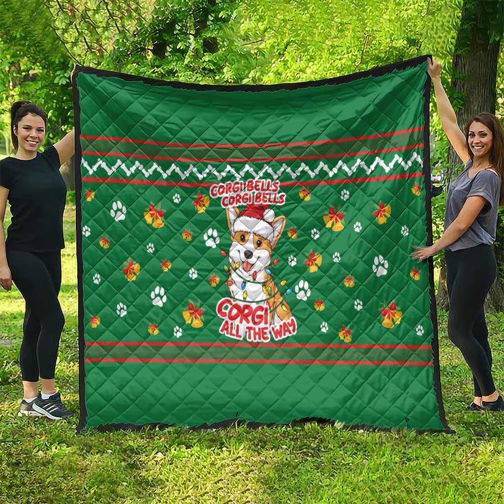 Corgi Dog Lights Corgi Bells Corgi All the Way Quilt wirh Green Snowflake Pattern Design - Wonder Print Shop