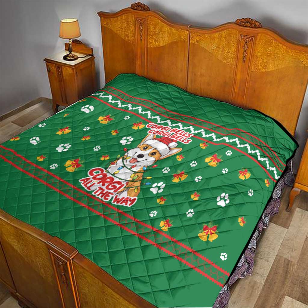 Corgi Dog Lights Corgi Bells Corgi All the Way Quilt wirh Green Snowflake Pattern Design - Wonder Print Shop