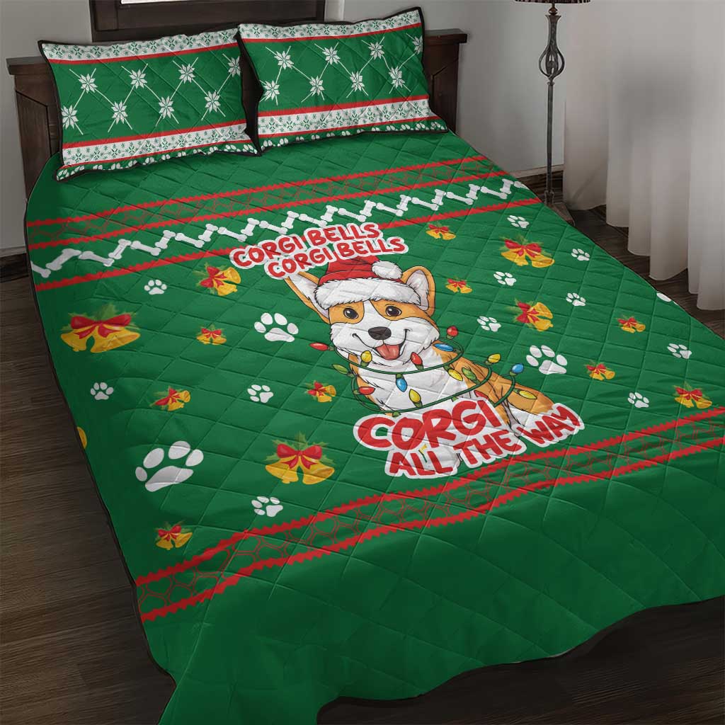 Corgi Dog Lights Corgi Bells Corgi All the Way Quilt Bed Set wirh Green Snowflake Pattern Design - Wonder Print Shop