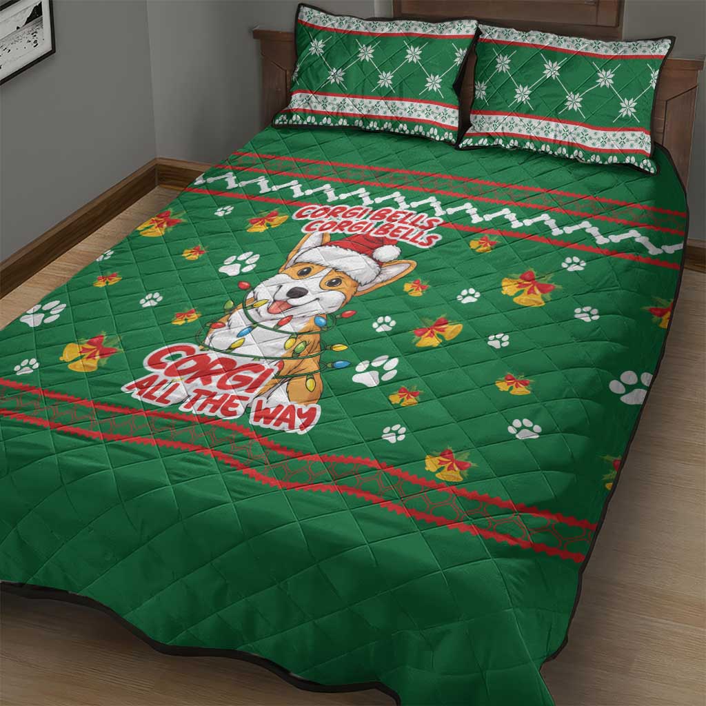 Corgi Dog Lights Corgi Bells Corgi All the Way Quilt Bed Set wirh Green Snowflake Pattern Design - Wonder Print Shop