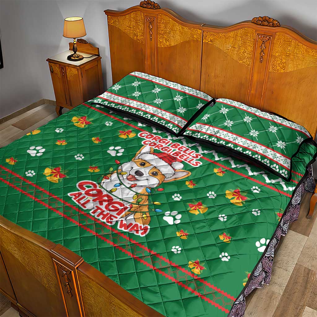 Corgi Dog Lights Corgi Bells Corgi All the Way Quilt Bed Set wirh Green Snowflake Pattern Design - Wonder Print Shop