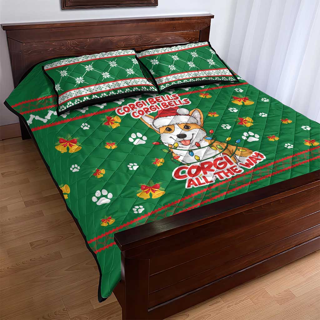 Corgi Dog Lights Corgi Bells Corgi All the Way Quilt Bed Set wirh Green Snowflake Pattern Design - Wonder Print Shop