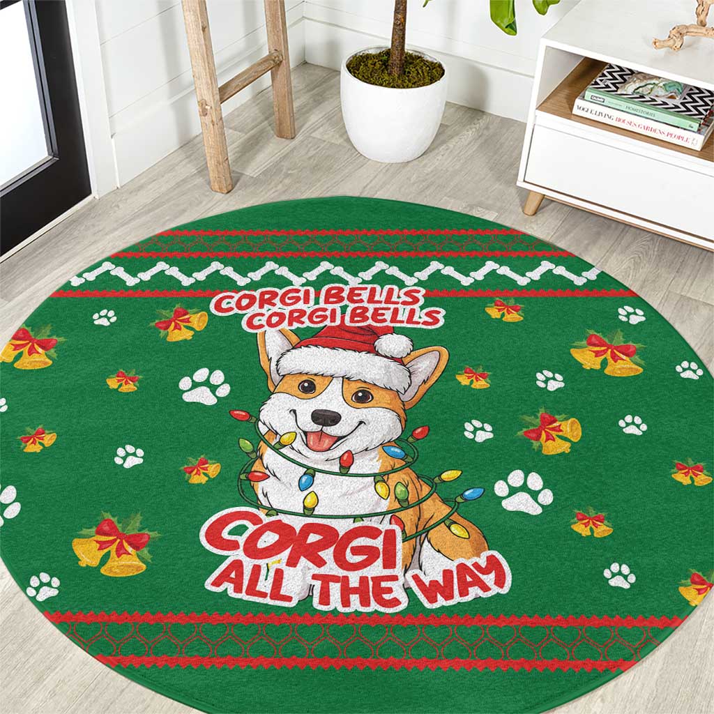 Corgi Dog Lights Corgi Bells Corgi All the Way Round Carpet wirh Green Snowflake Pattern Design - Wonder Print Shop