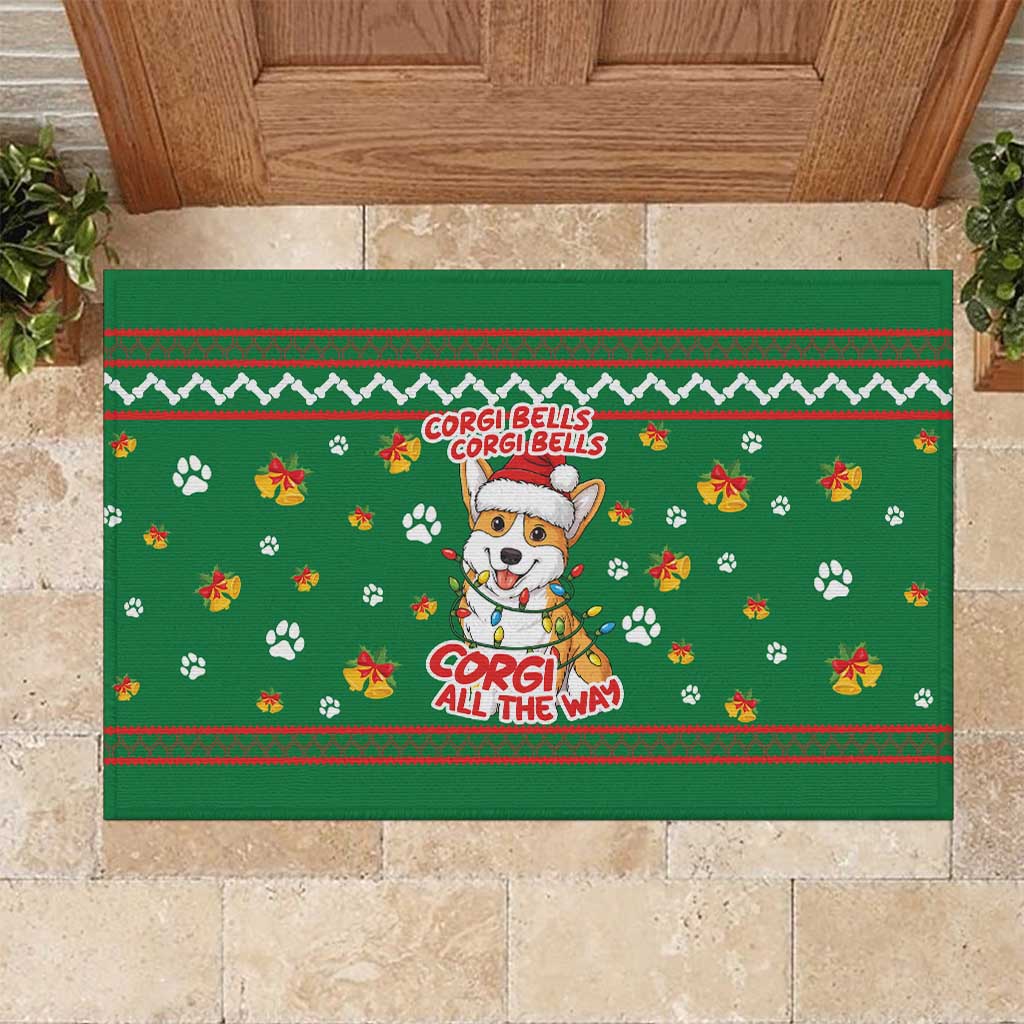 Corgi Dog Lights Corgi Bells Corgi All the Way Rubber Doormat wirh Green Snowflake Pattern Design - Wonder Print Shop