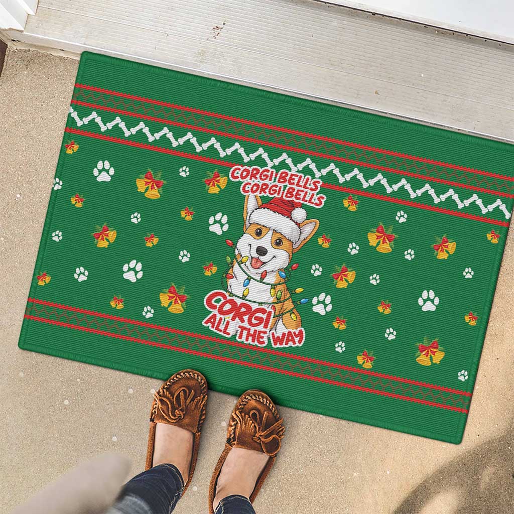 Corgi Dog Lights Corgi Bells Corgi All the Way Rubber Doormat wirh Green Snowflake Pattern Design - Wonder Print Shop