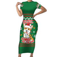 Corgi Dog Lights Corgi Bells Corgi All the Way Short Sleeve Bodycon Dress wirh Green Snowflake Pattern Design - Wonder Print Shop
