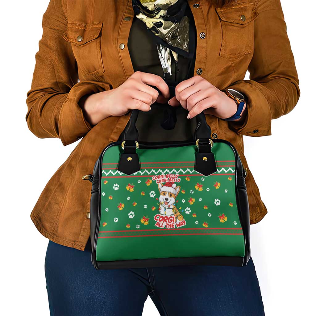 Corgi Dog Lights Corgi Bells Corgi All the Way Shoulder Handbag wirh Green Snowflake Pattern Design - Wonder Print Shop