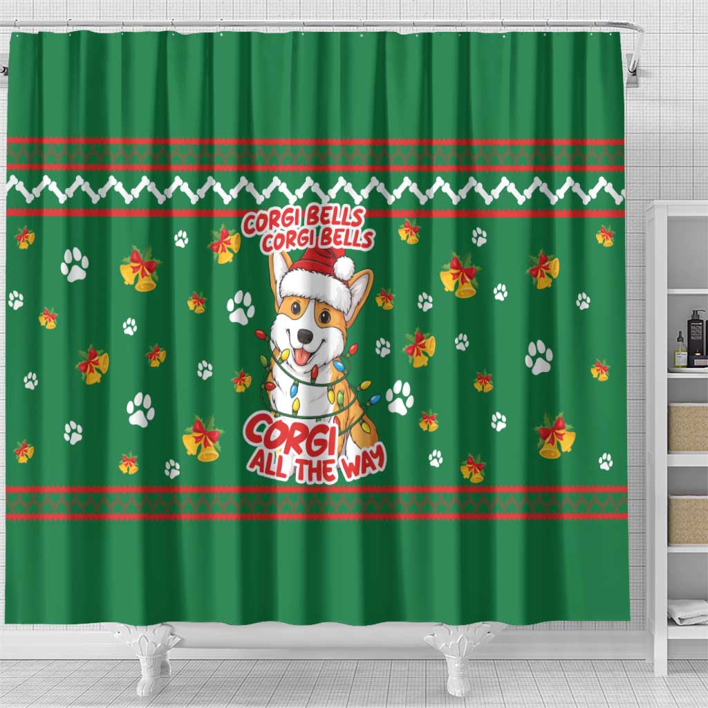 Corgi Dog Lights Corgi Bells Corgi All the Way Shower Curtain wirh Green Snowflake Pattern Design - Wonder Print Shop