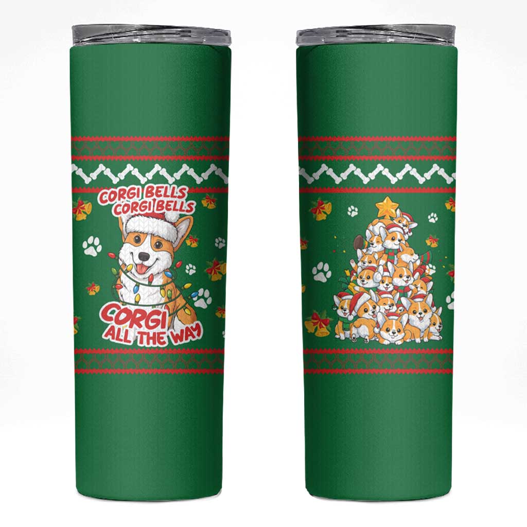 Corgi Dog Lights Corgi Bells Corgi All the Way Skinny Tumbler wirh Green Snowflake Pattern Design - Wonder Print Shop