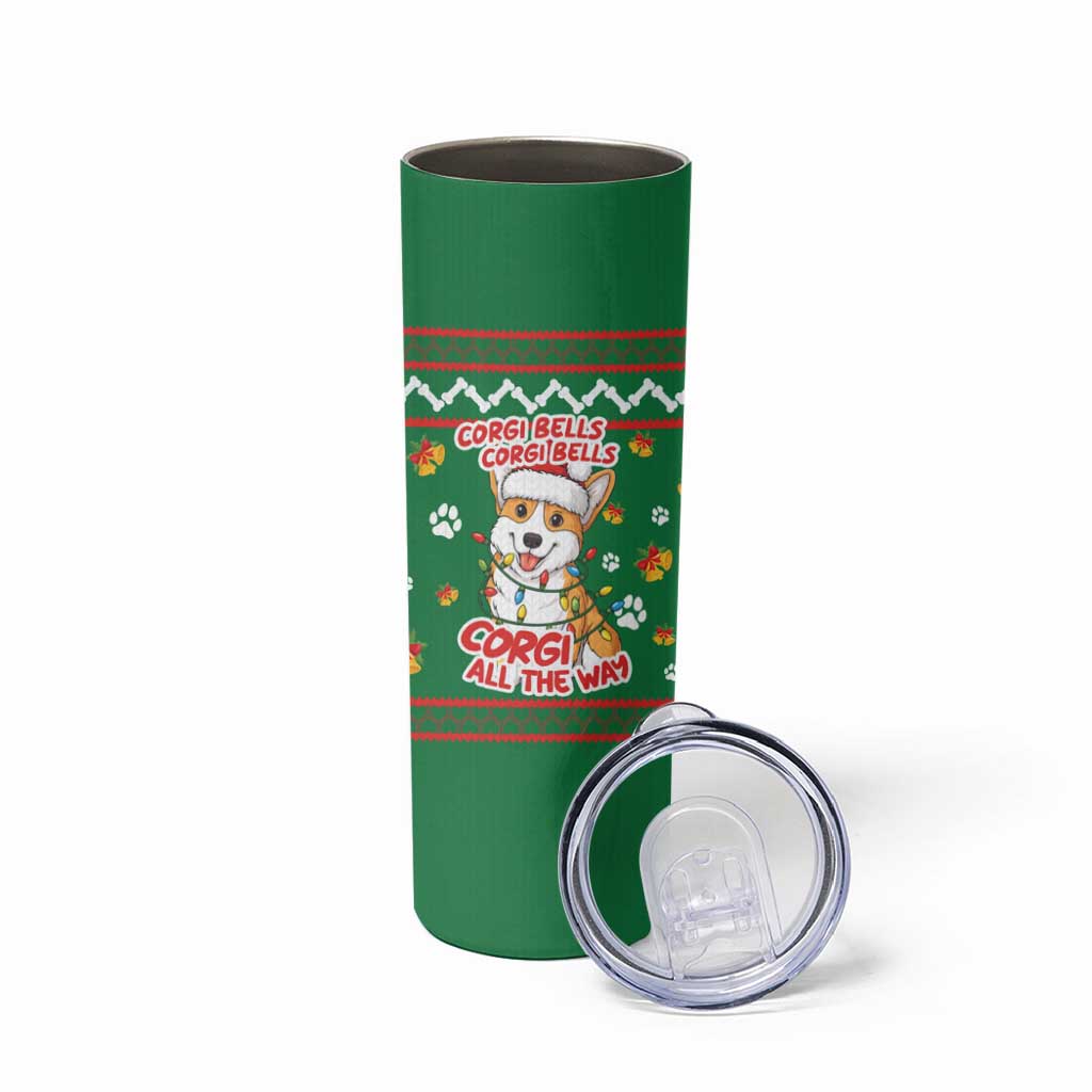 Corgi Dog Lights Corgi Bells Corgi All the Way Skinny Tumbler wirh Green Snowflake Pattern Design - Wonder Print Shop