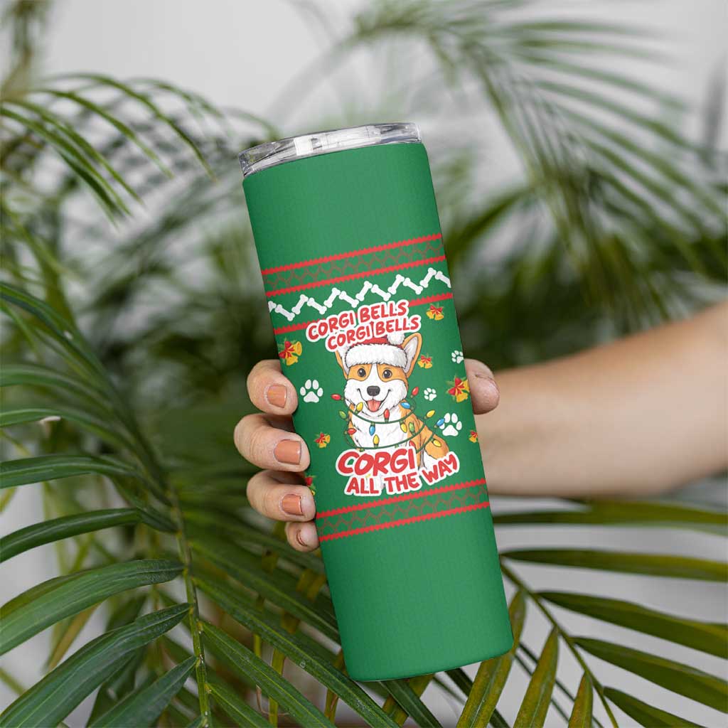 Corgi Dog Lights Corgi Bells Corgi All the Way Skinny Tumbler wirh Green Snowflake Pattern Design - Wonder Print Shop