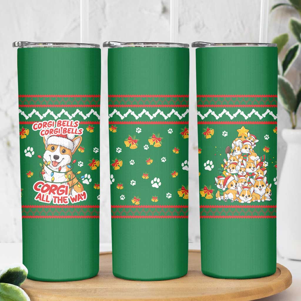 Corgi Dog Lights Corgi Bells Corgi All the Way Skinny Tumbler wirh Green Snowflake Pattern Design - Wonder Print Shop