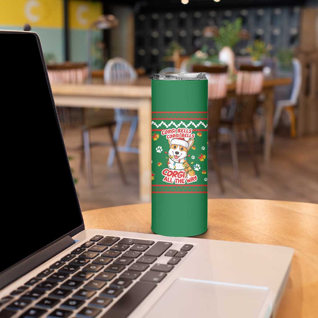 Corgi Dog Lights Corgi Bells Corgi All the Way Skinny Tumbler wirh Green Snowflake Pattern Design - Wonder Print Shop