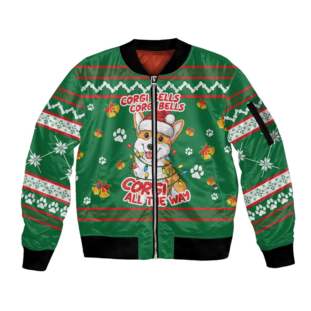Corgi Dog Lights Corgi Bells Corgi All the Way Sleeve Zip Bomber Jacket wirh Green Snowflake Pattern Design - Wonder Print Shop