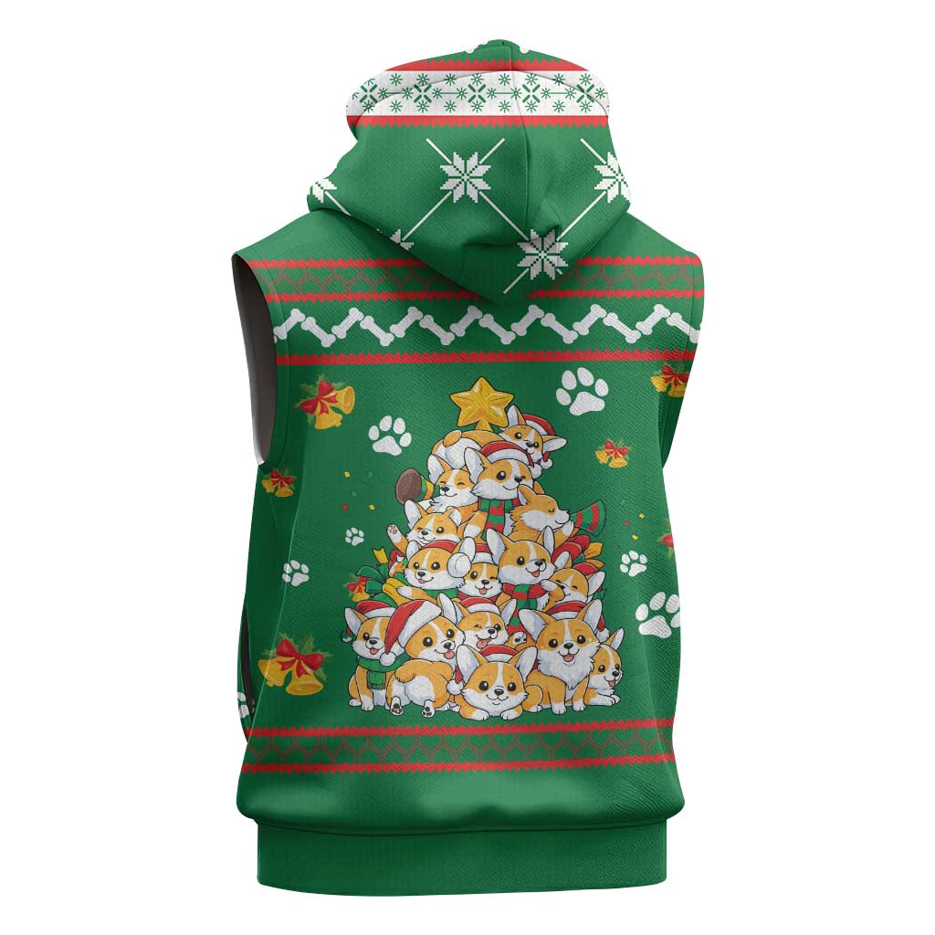 Corgi Dog Lights Corgi Bells Corgi All the Way Sleeveless Hoodie wirh Green Snowflake Pattern Design - Wonder Print Shop