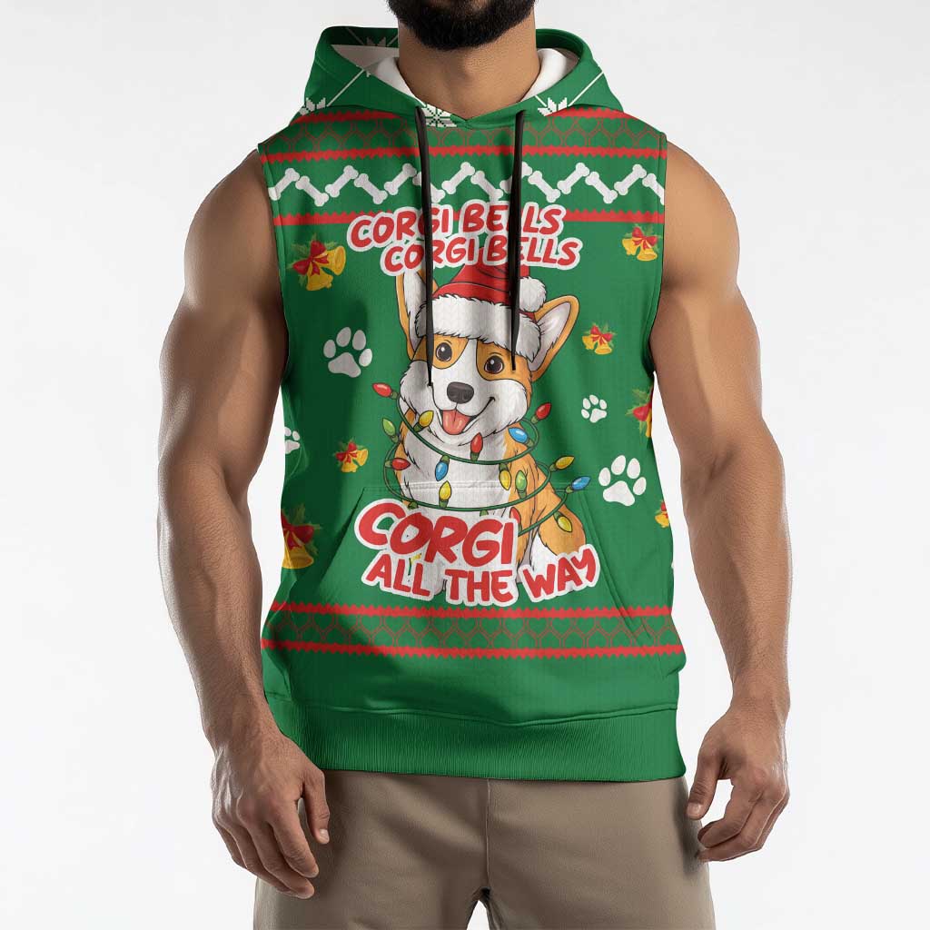Corgi Dog Lights Corgi Bells Corgi All the Way Sleeveless Hoodie wirh Green Snowflake Pattern Design - Wonder Print Shop