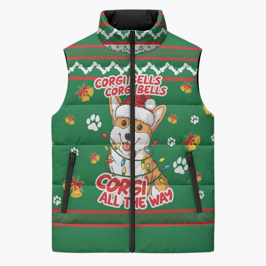 Corgi Dog Lights Corgi Bells Corgi All the Way Sleeveless Puffer Jacket wirh Green Snowflake Pattern Design - Wonder Print Shop