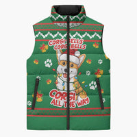 Corgi Dog Lights Corgi Bells Corgi All the Way Sleeveless Puffer Jacket wirh Green Snowflake Pattern Design - Wonder Print Shop