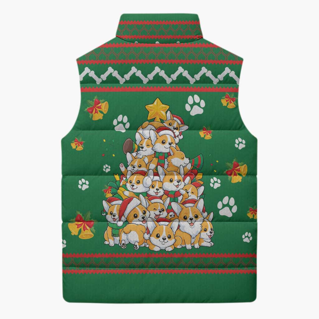 Corgi Dog Lights Corgi Bells Corgi All the Way Sleeveless Puffer Jacket wirh Green Snowflake Pattern Design - Wonder Print Shop