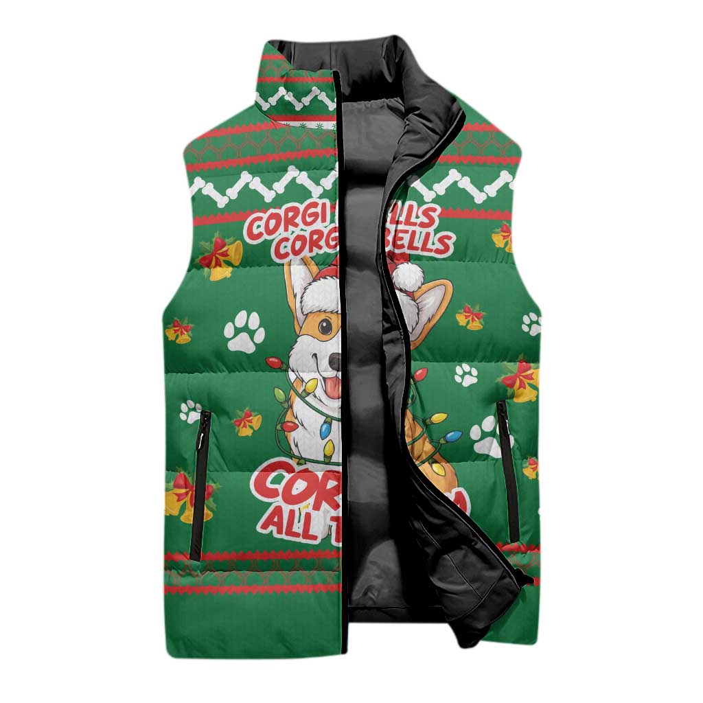 Corgi Dog Lights Corgi Bells Corgi All the Way Sleeveless Puffer Jacket wirh Green Snowflake Pattern Design - Wonder Print Shop