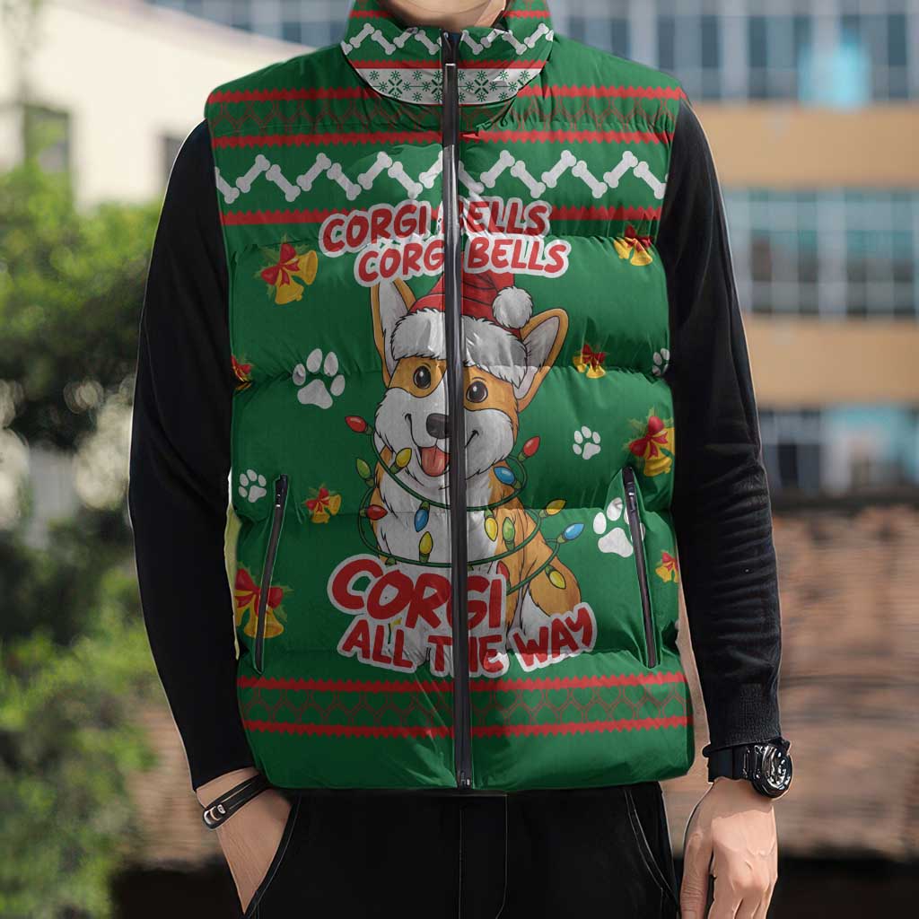 Corgi Dog Lights Corgi Bells Corgi All the Way Sleeveless Puffer Jacket wirh Green Snowflake Pattern Design - Wonder Print Shop