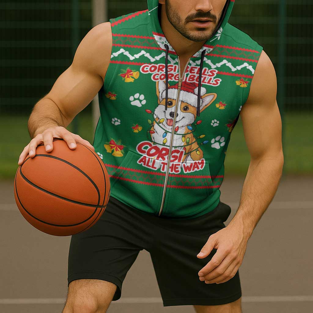 Corgi Dog Lights Corgi Bells Corgi All the Way Sleeveless Zip Hoodie wirh Green Snowflake Pattern Design - Wonder Print Shop