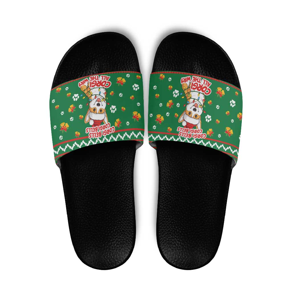 Corgi Dog Lights Corgi Bells Corgi All the Way Slide Sandals wirh Green Snowflake Pattern Design - Wonder Print Shop
