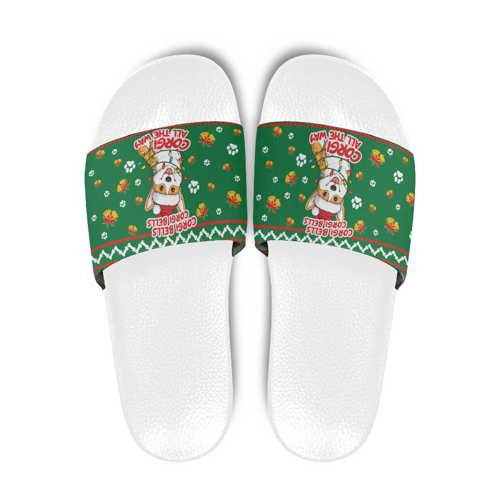 Corgi Dog Lights Corgi Bells Corgi All the Way Slide Sandals wirh Green Snowflake Pattern Design - Wonder Print Shop