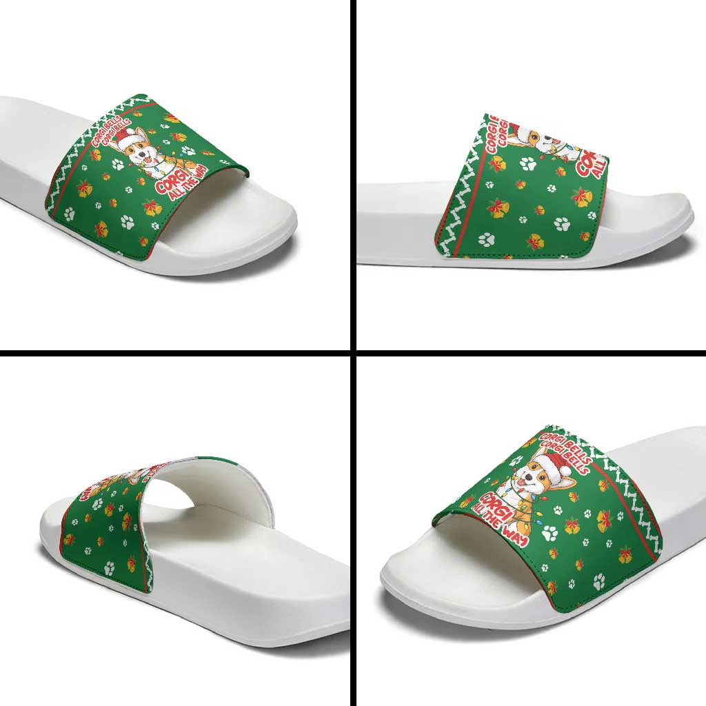 Corgi Dog Lights Corgi Bells Corgi All the Way Slide Sandals wirh Green Snowflake Pattern Design - Wonder Print Shop