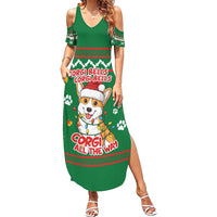 Corgi Dog Lights Corgi Bells Corgi All the Way Summer Maxi Dress wirh Green Snowflake Pattern Design - Wonder Print Shop