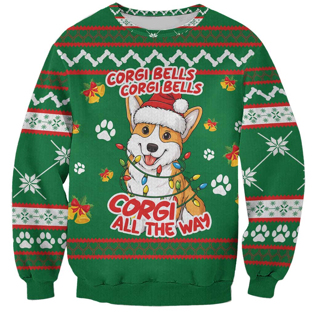 Corgi Dog Lights Corgi Bells Corgi All the Way Sweatshirt wirh Green Snowflake Pattern Design - Wonder Print Shop