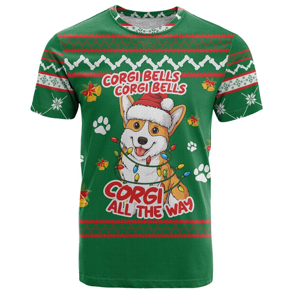 Corgi Dog Lights Corgi Bells Corgi All the Way T Shirt wirh Green Snowflake Pattern Design - Wonder Print Shop