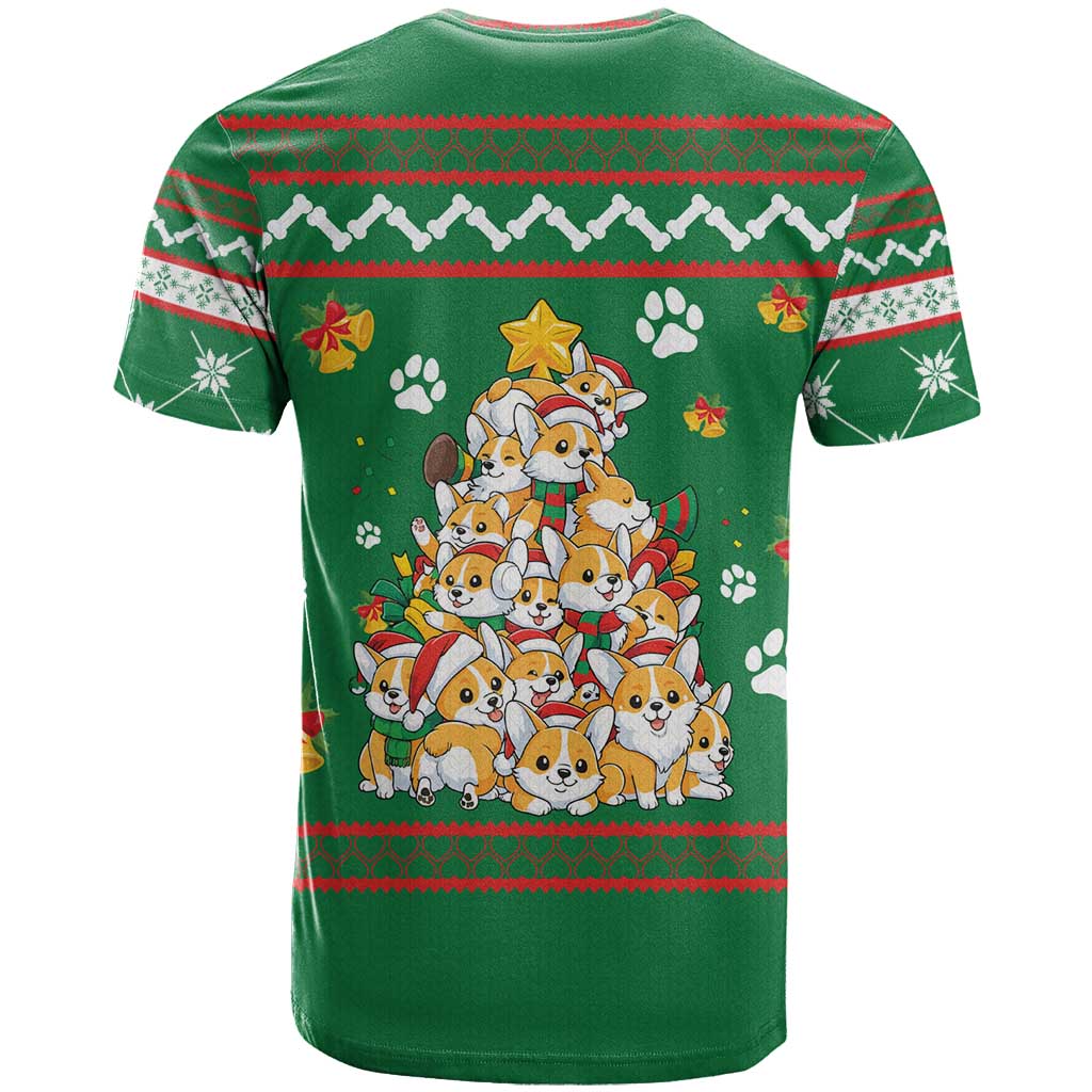Corgi Dog Lights Corgi Bells Corgi All the Way T Shirt wirh Green Snowflake Pattern Design - Wonder Print Shop
