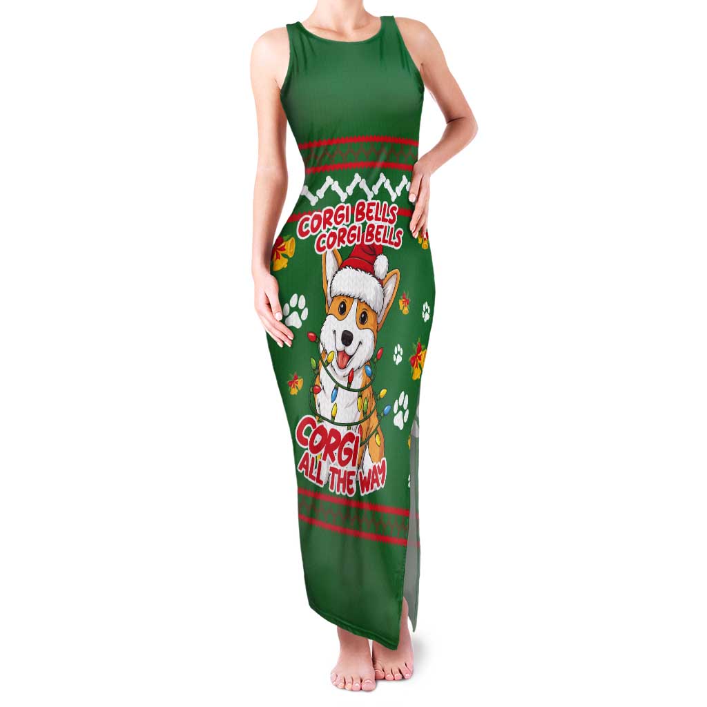 Corgi Dog Lights Corgi Bells Corgi All the Way Tank Maxi Dress wirh Green Snowflake Pattern Design - Wonder Print Shop