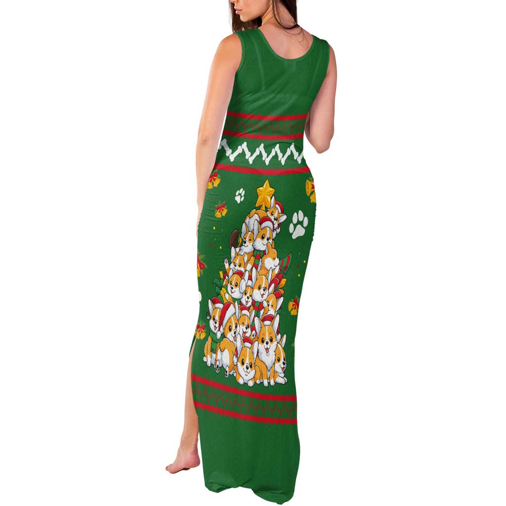 Corgi Dog Lights Corgi Bells Corgi All the Way Tank Maxi Dress wirh Green Snowflake Pattern Design - Wonder Print Shop