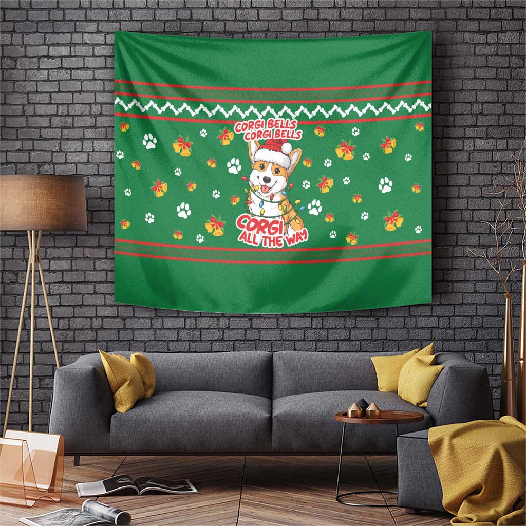 Corgi Dog Lights Corgi Bells Corgi All the Way Tapestry wirh Green Snowflake Pattern Design - Wonder Print Shop