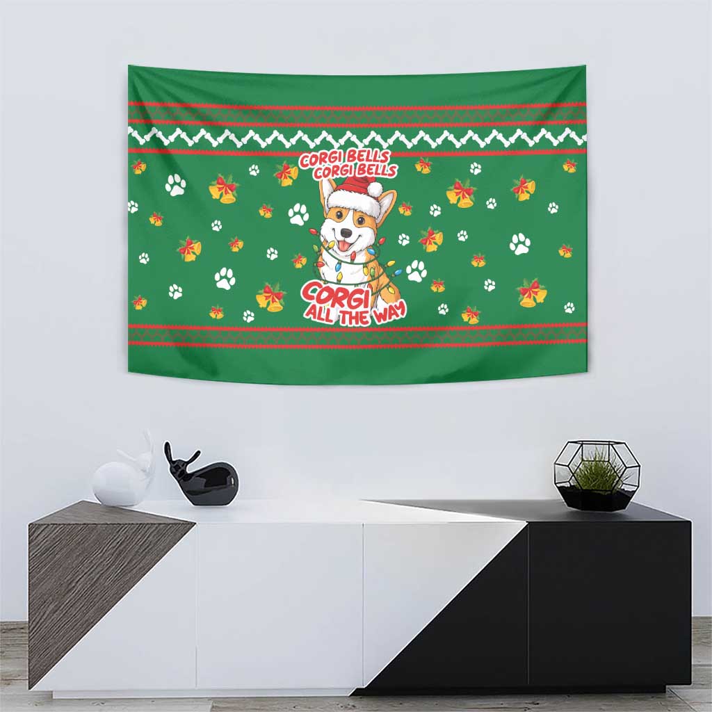 Corgi Dog Lights Corgi Bells Corgi All the Way Tapestry wirh Green Snowflake Pattern Design - Wonder Print Shop