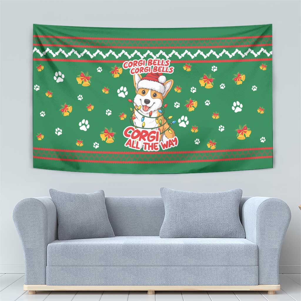 Corgi Dog Lights Corgi Bells Corgi All the Way Tapestry wirh Green Snowflake Pattern Design - Wonder Print Shop